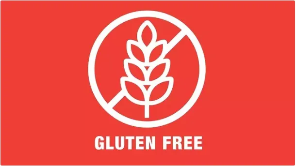 Kırmızı zemin üzerinde üstü çizili başak simgesi ve “Gluten Free” yazısı